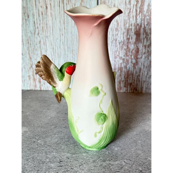 Vintage Enesco Ceramic Vase With Hummingbird & Morning Glory Flowers 6.25" - Picture 4 of 8